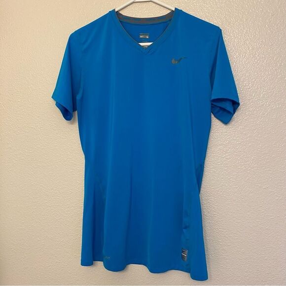 Nike pro v neck aqua blue compression fitted tech athletic performance T-shirt L - Picture 1 of 11